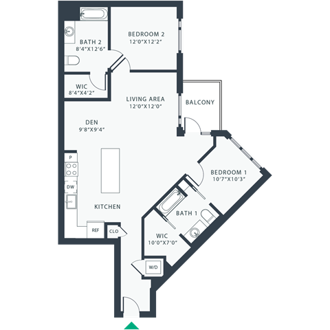 Floor plan for 2 beds, 2 baths, 1344 sqft